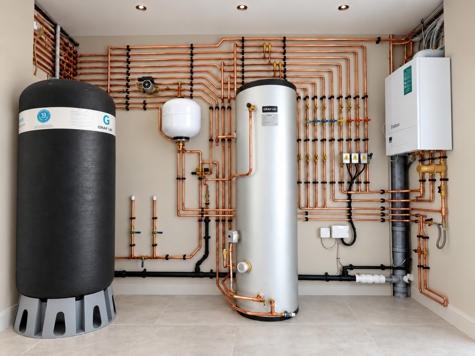 Illustrative example of a plant-room installation: a GRAF UK tank, a Vaillant wall-mounted boiler, a stainless hot water cylinder and neatly arranged copper pipework